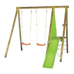 Trigano Portique DANI Bois 2,30 M - 2 Balançoires Soufflées + Toboggan - 3 Enfants