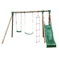 Chalet & Jardin Portique & Toboggan De Jardin En Bois Navajos 330 X 260 X 230 Cm - Tissu Protection Rouge