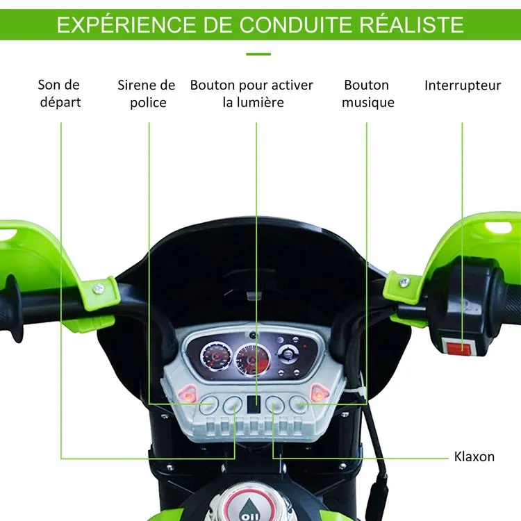 HOMCOM Motocross électrique 35 W Enfant 3 à 6 Ans Dim. 109L X 52,5l X 70,5H Cm Roulettes Amovibles Vert 7 HOMCOM Motocross électrique 35 W Enfant 3 à 6 Ans Dim. 109L X 52,5l X 70,5H Cm Roulettes Amovibles Vert – Image 5
