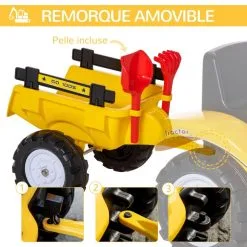 HOMCOM Tracteur à Pédales Tractopelle Avec Remorque Pelle Et Rateau Jeu De Plein Air Enfant à Partir De 3 Ans Jaune Noir -Jeux d'imitation Soldes B2CD 1086