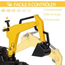 HOMCOM Tracteur à Pédales Tractopelle Avec Remorque Pelle Et Rateau Jeu De Plein Air Enfant à Partir De 3 Ans Jaune Noir -Jeux d'imitation Soldes B2CD 1087