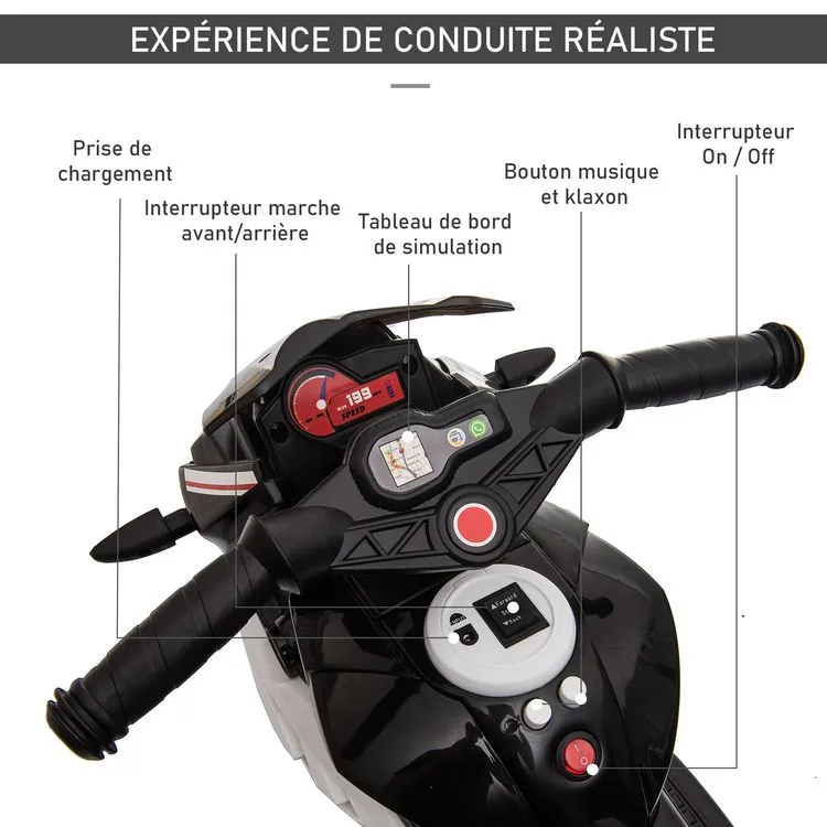 HOMCOM Moto électrique Pour Enfants 3 Roues 6 V 3 Km/h Effets Lumineux Et Sonores Noir 7 HOMCOM Moto électrique Pour Enfants 3 Roues 6 V 3 Km/h Effets Lumineux Et Sonores Noir – Image 5