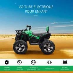 HOMCOM Voiture 4x4 Quad Buggy électrique Enfant 12 V 5 Km/h Max. Effets Lumineux Sonores Selle Avec Dossier Porte-bagage Avant Métal PP Vert Noir -Jeux d'imitation Soldes B2CD 1332