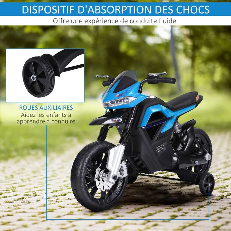 HOMCOM Moto électrique Pour Enfants 25 W 6 V 3 Km/h Effets Lumineux Et Sonores Roulettes Amovibles Bleu 7 HOMCOM Moto électrique Pour Enfants 25 W 6 V 3 Km/h Effets Lumineux Et Sonores Roulettes Amovibles Bleu – Image 5