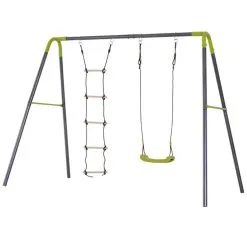 HOMCOM Balançoire 2 Agrès Portique Avec Balançoire Et échelle Dim. 2,65L X 1,38l X 1,75H M Métal époxy Anticorrosion PE Gris Anthracite Vert Pomme