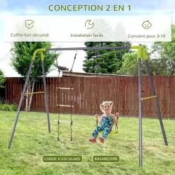 HOMCOM Balançoire 2 Agrès Portique Avec Balançoire Et échelle Dim. 2,65L X 1,38l X 1,75H M Métal époxy Anticorrosion PE Gris Anthracite Vert Pomme -Jeux d'imitation Soldes B2CD 1395