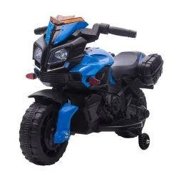 HOMCOM Moto électrique Enfant 6 V 3 Km/h Effet Lumineux Et Sonore Roulettes Amovibles Repose-pied Valises Latérales Métal PP Bleu Noir