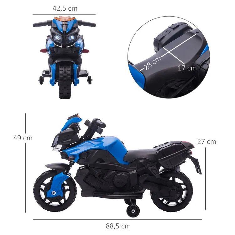 HOMCOM Moto électrique Enfant 6 V 3 Km/h Effet Lumineux Et Sonore Roulettes Amovibles Repose-pied Valises Latérales Métal PP Bleu Noir 5 HOMCOM Moto électrique Enfant 6 V 3 Km/h Effet Lumineux Et Sonore Roulettes Amovibles Repose-pied Valises Latérales Métal PP Bleu Noir – Image 3