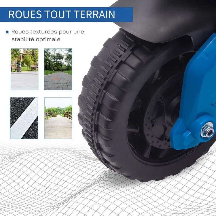 HOMCOM Moto électrique Enfant 6 V 3 Km/h Effet Lumineux Et Sonore Roulettes Amovibles Repose-pied Valises Latérales Métal PP Bleu Noir 8 HOMCOM Moto électrique Enfant 6 V 3 Km/h Effet Lumineux Et Sonore Roulettes Amovibles Repose-pied Valises Latérales Métal PP Bleu Noir – Image 6