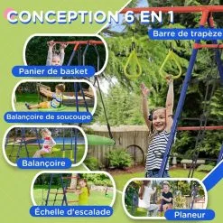 OUTSUNNY Balançoire Portique 5 Agrès + Panier De Basket Dim. 4,35L X 1,35l X 1,77H M PE Oxford Acier époxy Bleu Rouge -Jeux d'imitation Soldes B2CD 1528