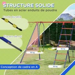 OUTSUNNY Balançoire Portique 5 Agrès + Panier De Basket Dim. 4,35L X 1,35l X 1,77H M PE Oxford Acier époxy Bleu Rouge -Jeux d'imitation Soldes B2CD 1529