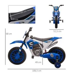 HOMCOM Moto Cross électrique Enfant 3 à 5 Ans 12 V 3-8 Km/h Avec Roulettes Latérales Amovibles Dim. 106,5L X 51,5l X 68H Cm Bleu -Jeux d'imitation Soldes B2CD 1570