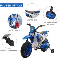 HOMCOM Moto Cross électrique Enfant 3 à 5 Ans 12 V 3-8 Km/h Avec Roulettes Latérales Amovibles Dim. 106,5L X 51,5l X 68H Cm Bleu -Jeux d'imitation Soldes B2CD 1571