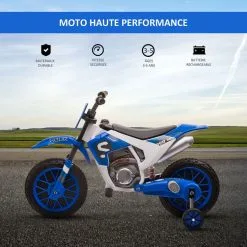 HOMCOM Moto Cross électrique Enfant 3 à 5 Ans 12 V 3-8 Km/h Avec Roulettes Latérales Amovibles Dim. 106,5L X 51,5l X 68H Cm Bleu -Jeux d'imitation Soldes B2CD 1572