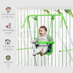 OUTSUNNY Portique Balançoire Enfant 6-36 Mois - Siège Haut, Accoudoirs, Ceinture Sécurité 2 Points, Barre Protection - Métal époxy Blanc Vert -Jeux d'imitation Soldes B2CD 1603
