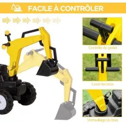 HOMCOM Tracteur à Pédales Tractopelle Pelleteuse Articulée Enfant Dès 3 Ans Klaxon Jaune Noir -Jeux d'imitation Soldes B2CD 1693