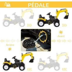 HOMCOM Tracteur à Pédales Tractopelle Pelleteuse Articulée Enfant Dès 3 Ans Klaxon Jaune Noir -Jeux d'imitation Soldes B2CD 1695