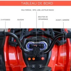 HOMCOM Voiture 4x4 Quad Buggy électrique Enfant 3 à 6 Ans Effets Lumineux Musique V. Max. 3 Km/h Batterie Rechargeable Lecteur MP3 Multifonction Rouge -Jeux d'imitation Soldes B2CD 1759