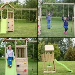 KANGUI Aire De Jeux Bois WOODI - 2 Balançoires, Toboggan, Escalade, Bac A Sable, Table -Jeux d'imitation Soldes B2CD 1789