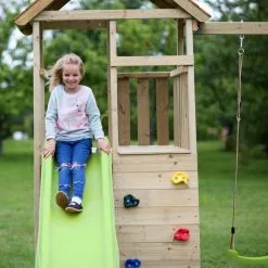 KANGUI Aire De Jeux Bois WOODI - 2 Balançoires, Toboggan, Escalade, Bac A Sable, Table -Jeux d'imitation Soldes B2CD 1791