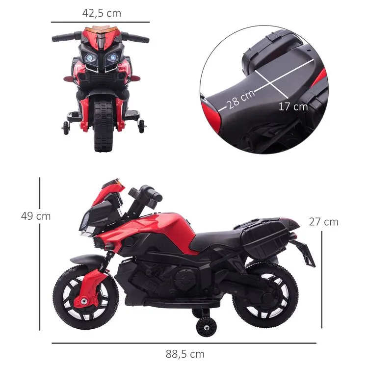 HOMCOM Moto électrique Enfant 6 V 3 Km/h Effet Lumineux Et Sonore Roulettes Amovibles Repose-pied Valises Latérales Métal PP Rouge Noir 5 HOMCOM Moto électrique Enfant 6 V 3 Km/h Effet Lumineux Et Sonore Roulettes Amovibles Repose-pied Valises Latérales Métal PP Rouge Noir – Image 3