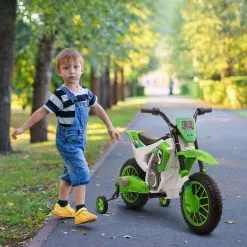 HOMCOM Moto Cross électrique Pour Enfant 3 à 5 Ans 12 V 3-8 Km/h Avec Roulettes Latérales Amovibles Dim. 106,5L X 51,5l X 68H Cm Vert -Jeux d'imitation Soldes B2CD 1826