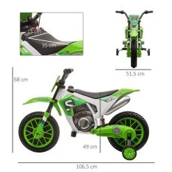 HOMCOM Moto Cross électrique Pour Enfant 3 à 5 Ans 12 V 3-8 Km/h Avec Roulettes Latérales Amovibles Dim. 106,5L X 51,5l X 68H Cm Vert -Jeux d'imitation Soldes B2CD 1827