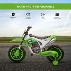 HOMCOM Moto Cross électrique Pour Enfant 3 à 5 Ans 12 V 3-8 Km/h Avec Roulettes Latérales Amovibles Dim. 106,5L X 51,5l X 68H Cm Vert -Jeux d'imitation Soldes B2CD 1829