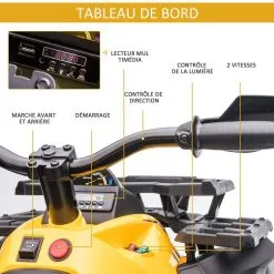HOMCOM Voiture 4x4 Quad Buggy électrique Enfant 12 V 5 Km/h Max. Effets Lumineux Sonores Selle Avec Dossier Porte-bagage Avant Métal PP Jaune Noir 12 HOMCOM Voiture 4x4 Quad Buggy électrique Enfant 12 V 5 Km/h Max. Effets Lumineux Sonores Selle Avec Dossier Porte-bagage Avant Métal PP Jaune Noir -Jeux d'imitation Soldes B2CD 1854