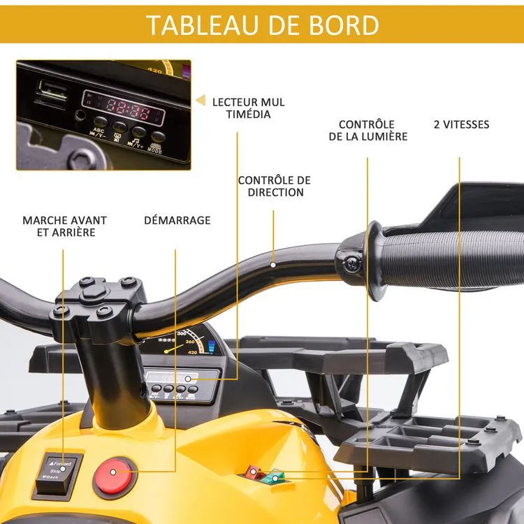 HOMCOM Voiture 4x4 Quad Buggy électrique Enfant 12 V 5 Km/h Max. Effets Lumineux Sonores Selle Avec Dossier Porte-bagage Avant Métal PP Jaune Noir 7 HOMCOM Voiture 4x4 Quad Buggy électrique Enfant 12 V 5 Km/h Max. Effets Lumineux Sonores Selle Avec Dossier Porte-bagage Avant Métal PP Jaune Noir – Image 5