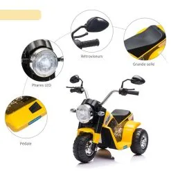 HOMCOM Moto électrique Enfant Chopper Tout-terrain 6 V 20 W Marche AV AR 3 Roues Effets Lumineux Et Sonores Jaune Noir -Jeux d'imitation Soldes B2CD 1863