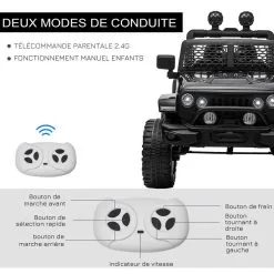 HOMCOM Voiture 4x4 électrique Enfant 2 Moteurs 35 W 5 Km/h Max. Télécommande Incluse Effets Lumineux Sonores Noir -Jeux d'imitation Soldes B2CD 1868