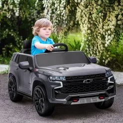 HOMCOM Voiture Véhicule électrique Enfant Chevrolet Tahoe 12 V - V. Max. 3 Km/h - Effets Sonores, Lumineux - Télécommande, Port USB, MP3 - Gris -Jeux d'imitation Soldes B2CD 2033