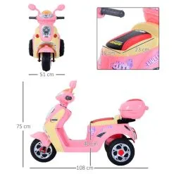 HOMCOM Moto Scooter électrique Pour Enfants 6 V Env. 3 Km/h 3 Roues Et Topcase Effet Lumineux Et Sonore Rose -Jeux d'imitation Soldes B2CD 2114