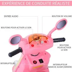 HOMCOM Moto Scooter électrique Pour Enfants 6 V Env. 3 Km/h 3 Roues Et Topcase Effet Lumineux Et Sonore Rose -Jeux d'imitation Soldes B2CD 2115