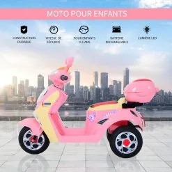 HOMCOM Moto Scooter électrique Pour Enfants 6 V Env. 3 Km/h 3 Roues Et Topcase Effet Lumineux Et Sonore Rose -Jeux d'imitation Soldes B2CD 2116