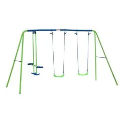 OUTSUNNY Balançoire 3 Agrès Portique Avec 2 Balançoires Et Face à Face Dim. 2,8L X 1,4l X 1,78H M Métal époxy Anticorrosion PE Vert Bleu