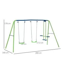 OUTSUNNY Balançoire 3 Agrès Portique Avec 2 Balançoires Et Face à Face Dim. 2,8L X 1,4l X 1,78H M Métal époxy Anticorrosion PE Vert Bleu -Jeux d'imitation Soldes B2CD 2163