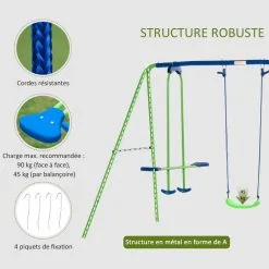 OUTSUNNY Balançoire 3 Agrès Portique Avec 2 Balançoires Et Face à Face Dim. 2,8L X 1,4l X 1,78H M Métal époxy Anticorrosion PE Vert Bleu -Jeux d'imitation Soldes B2CD 2166