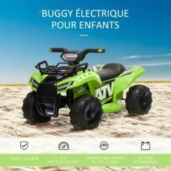 HOMCOM Buggy électrique Enfant Quad électrique Pour Enfant De 18 à 36 Mois Effet Lumineux 6 V 2 Km/h Max. Métal PP Vert -Jeux d'imitation Soldes B2CD 2354
