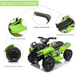 HOMCOM Buggy électrique Enfant Quad électrique Pour Enfant De 18 à 36 Mois Effet Lumineux 6 V 2 Km/h Max. Métal PP Vert -Jeux d'imitation Soldes B2CD 2355