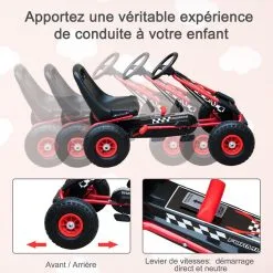 HOMCOM Vélo Et Véhicule Pour Enfants Kart à Pédales Siège Réglable, Roues Gonflables Et Frein à Main Acier Plastique Rouge Et Noir -Jeux d'imitation Soldes B2CD 2456