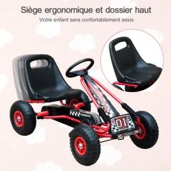HOMCOM Vélo Et Véhicule Pour Enfants Kart à Pédales Siège Réglable, Roues Gonflables Et Frein à Main Acier Plastique Rouge Et Noir -Jeux d'imitation Soldes B2CD 2457