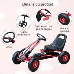 HOMCOM Vélo Et Véhicule Pour Enfants Kart à Pédales Siège Réglable, Roues Gonflables Et Frein à Main Acier Plastique Rouge Et Noir -Jeux d'imitation Soldes B2CD 2458