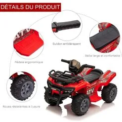 HOMCOM Quad Buggy Voiture électrique Enfant 18-36 Mois 6 V 2 Km/h Max. Effet Lumineux Métal PP Rouge -Jeux d'imitation Soldes B2CD 2614