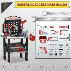 HOMCOM Etabli Et Outils Pour Enfant - Jeu D'imitation Bricolage - Nombreux Accessoires Plus De 50 Pièces & Outils Variés - PP Noir Gris Rouge -Jeux d'imitation Soldes B2CD 262
