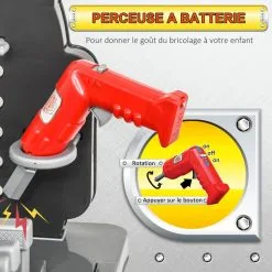 HOMCOM Etabli Et Outils Pour Enfant - Jeu D'imitation Bricolage - Nombreux Accessoires Plus De 50 Pièces & Outils Variés - PP Noir Gris Rouge -Jeux d'imitation Soldes B2CD 263