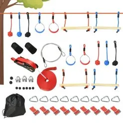 OUTSUNNY Parcours D'obstacles Ninja Enfant - 30 Accessoires, 10 M De Slackline - Sac De Transport - Bleu Rouge