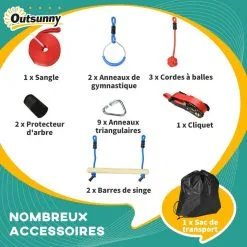 OUTSUNNY Parcours D'obstacles Ninja Enfant - 30 Accessoires, 10 M De Slackline - Sac De Transport - Bleu Rouge -Jeux d'imitation Soldes B2CD 2743