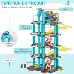 HOMCOM Garage Parking Voitures Enfant - 5 Niveaux, 4 Voitures, 1 Hélicoptère - Ascenseur Manuel, Station-service, Pont élévateur - PP ABS Bleu Rouge Jaune -Jeux d'imitation Soldes B2CD 3969